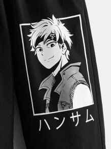 SHEIN Leap Crew Boys Japanese Letter & Figure Graphic Drawstring Waist Trousers - Black - View 3