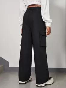 SHEIN Tween Girl Loose Casual Solid Color High Waisted Flip Pocket Utility Pants