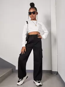 SHEIN Tween Girl Loose Casual Solid Color High Waisted Flip Pocket Utility Pants