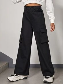 SHEIN Tween Girl Loose Casual Solid Color High Waisted Flip Pocket Utility Pants