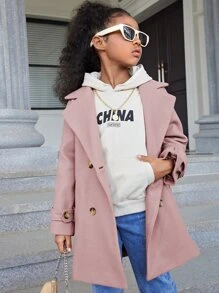 SHEIN Girls Lapel Neck Raglan Sleeve Double Breasted Overcoat - Dusty Pink - View 1