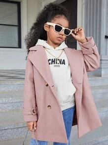 SHEIN Girls Lapel Neck Raglan Sleeve Double Breasted Overcoat - Dusty Pink - View 4