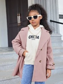 SHEIN Girls Lapel Neck Raglan Sleeve Double Breasted Overcoat - Dusty Pink - View 6