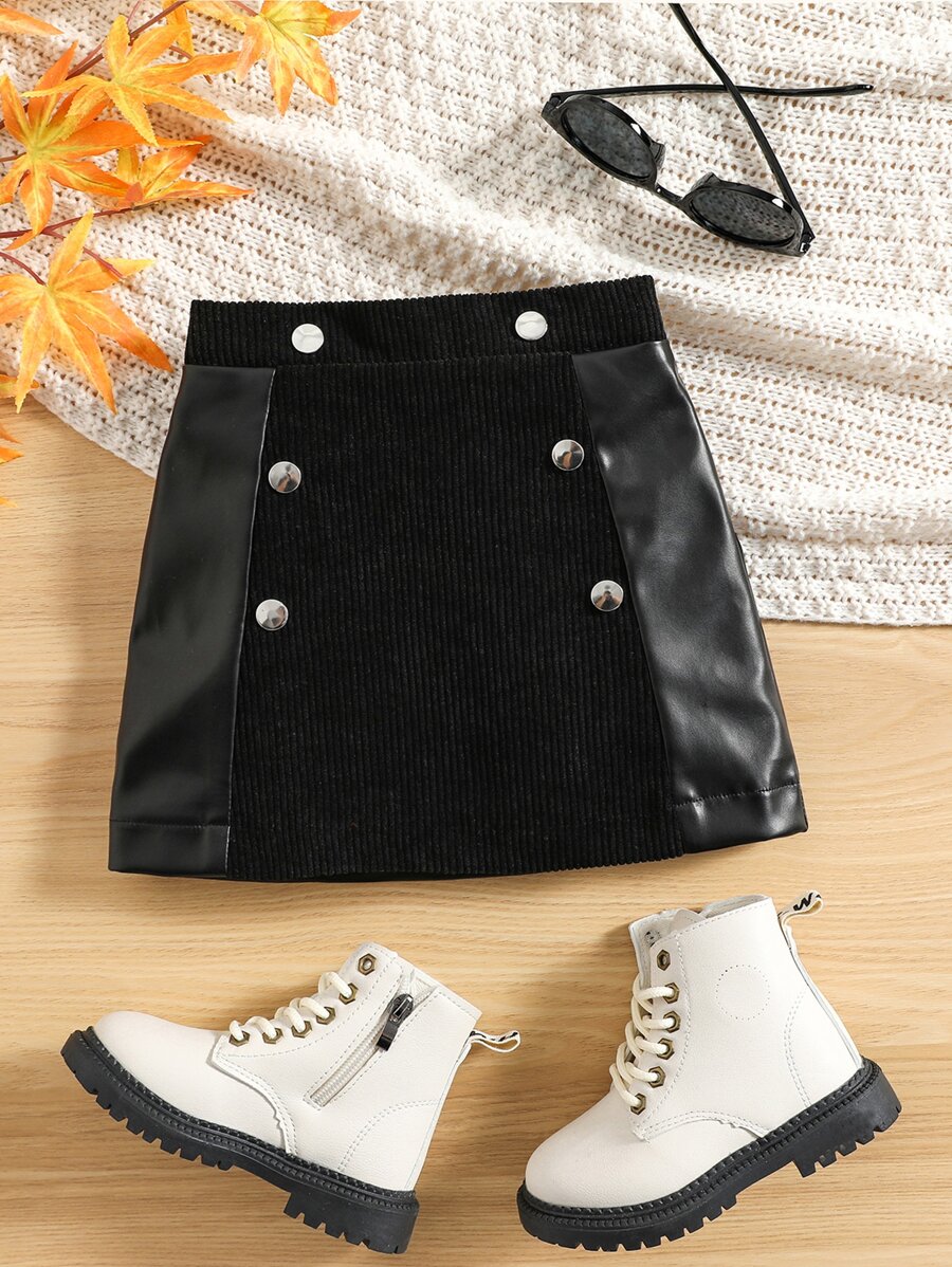 SHEIN Young Girl Solid Contrast PU Skirt - Black - View 1