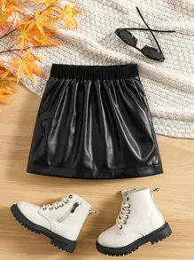 SHEIN Young Girl Solid Contrast PU Skirt - Black - View 2
