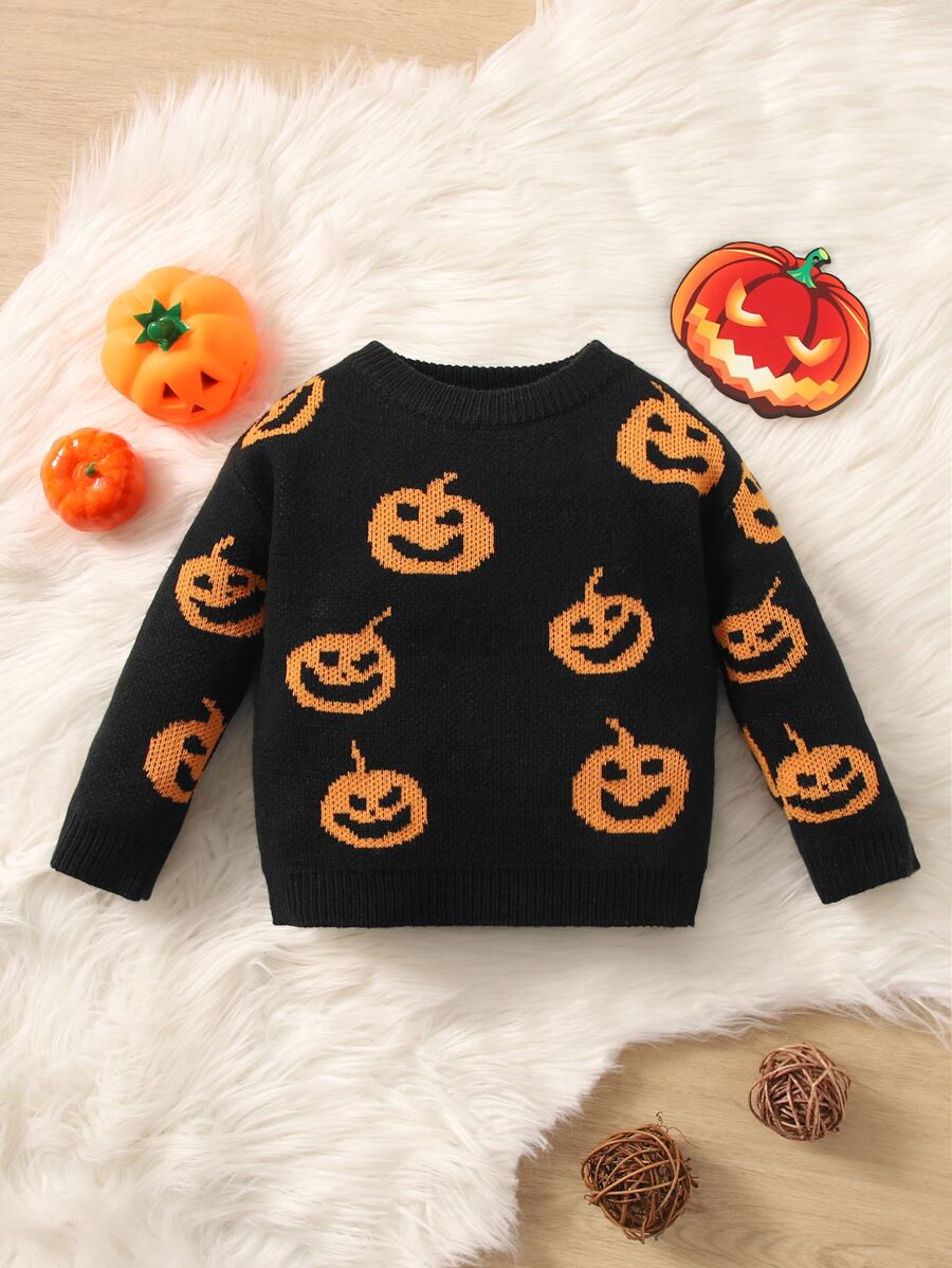 SHEIN Áo len họa tiết bí ngô Halloween cho bé gái - màu đen - Xem 1