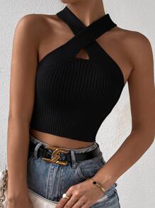 Zolique Cross Strap Knitted Cropped Tank Top - Black - View 3