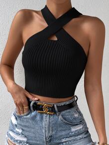 Zolique Cross Strap Knitted Cropped Tank Top - Black - View 4