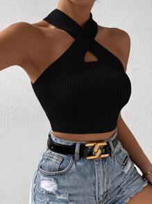 Zolique Cross Strap Knitted Cropped Tank Top - Black - View 6