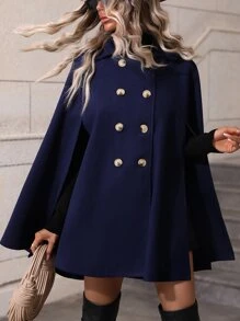 SHEIN Clasi Double Breasted Cloak Sleeve Cape Overcoat - Navy Blue - View 3