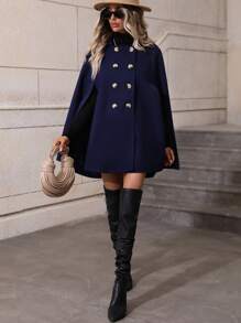 SHEIN Clasi Double Breasted Cloak Sleeve Cape Overcoat - Navy Blue - View 4