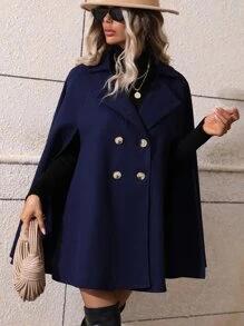 SHEIN Clasi Double Breasted Cloak Sleeve Cape Overcoat - Navy Blue - View 6