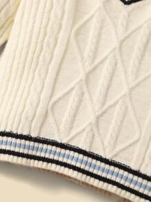 SHEIN 嬰兒條紋飾邊字母補丁細節麻花編織套頭毛衣 - 米色 - 查看 3