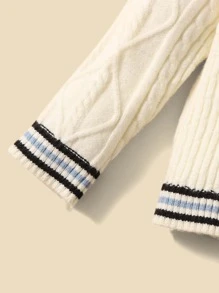 SHEIN 嬰兒條紋飾邊字母補丁細節麻花編織套頭毛衣 - 米色 - 查看 4