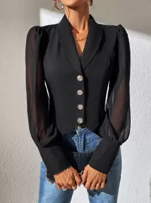 Chiquease Áo khoác  âu phục nữ Bất đối xứng Tương phản Mesh Nút phía trước màu trơn Thanh lịch - màu đen - Xem 3