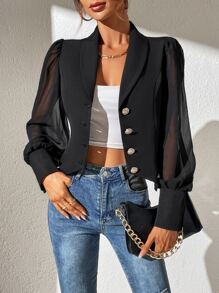 Chiquease Áo khoác  âu phục nữ Bất đối xứng Tương phản Mesh Nút phía trước màu trơn Thanh lịch - màu đen - Xem 5