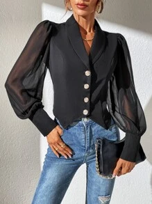 Chiquease Áo khoác  âu phục nữ Bất đối xứng Tương phản Mesh Nút phía trước màu trơn Thanh lịch - màu đen - Xem 6