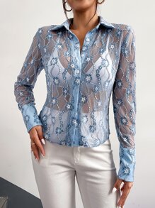 Top con bordado floral transparente sin sujetador - Azul - Ver 1