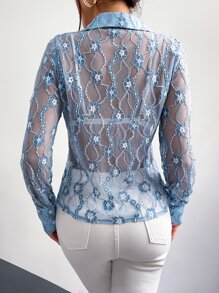 Top con bordado floral transparente sin sujetador - Azul - Ver 2
