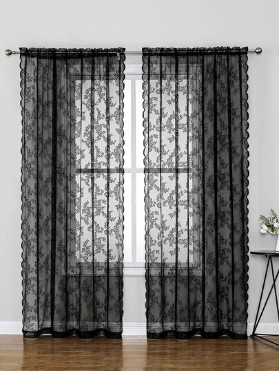 Rose Pattern Single Panel Sheer Curtain, Black Embroidered Lace Curtain For Home Decor