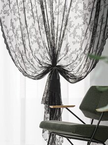 Rose Pattern Single Panel Sheer Curtain, Black Embroidered Lace Curtain For Home Decor - Black - View 3