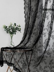 Rose Pattern Single Panel Sheer Curtain, Black Embroidered Lace Curtain For Home Decor - Black - View 7