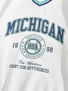 Manfinity VCAY 男士字母圖形條紋邊釦領毛衣 - 白色 - 查看 3