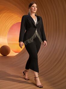 SHEIN Plus Lapel Neck Fringe Trim Blazer - Black - View 2
