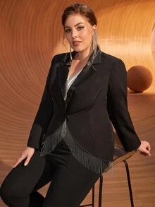 SHEIN Plus Lapel Neck Fringe Trim Blazer - Black - View 3