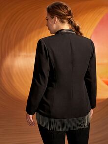 SHEIN Plus Lapel Neck Fringe Trim Blazer - Black - View 4