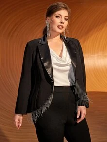SHEIN Plus Lapel Neck Fringe Trim Blazer - Black - View 5