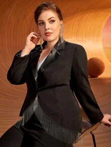 SHEIN Plus Lapel Neck Fringe Trim Blazer - Black - View 6