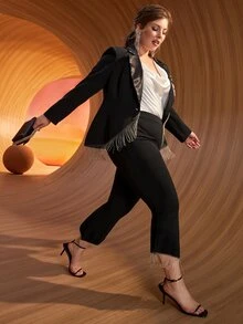 SHEIN Plus Lapel Neck Fringe Trim Blazer - Black - View 7