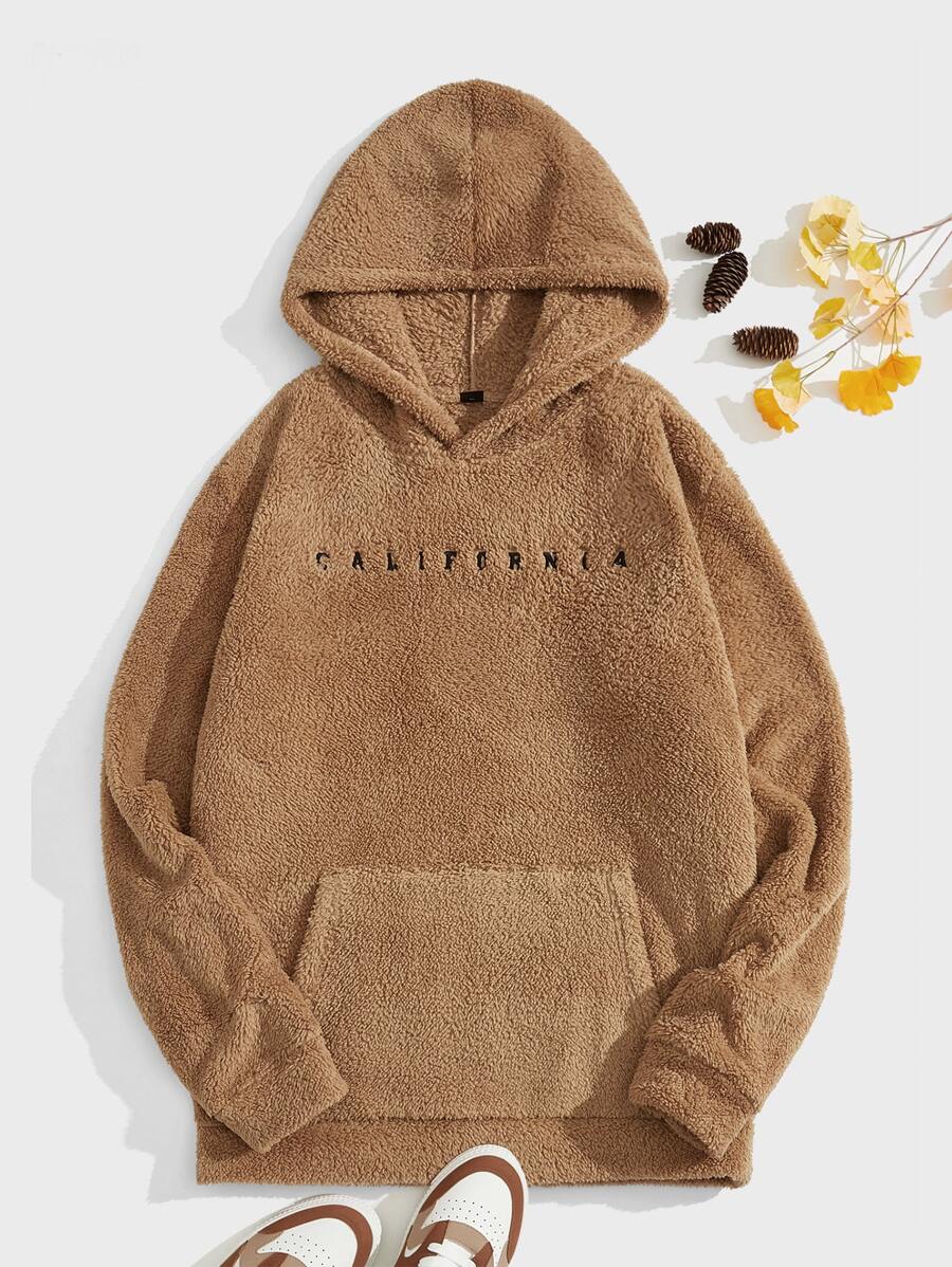 Manfinity VCAY Nam Plus Thêu Chữ Túi kangaroo Teddy Hoodie - màu nâu - Xem 1