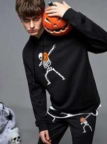 Manfinity Men Halloween Pumpkin And Skeleton Print Drawstring Hoodie - Black - View 1