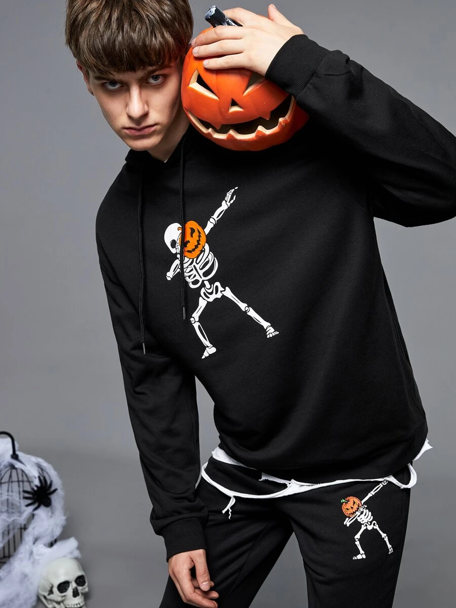 Manfinity Men Halloween Pumpkin And Skeleton Print Drawstring Hoodie - Black - View 1