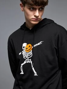 Manfinity Men Halloween Pumpkin And Skeleton Print Drawstring Hoodie - Black - View 3