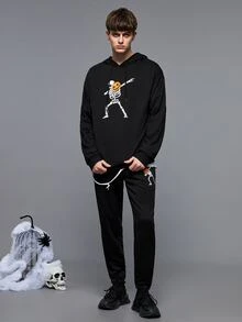 Manfinity Men Halloween Pumpkin And Skeleton Print Drawstring Hoodie - Black - View 4