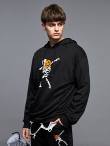 Manfinity Men Halloween Pumpkin And Skeleton Print Drawstring Hoodie - Black - View 5