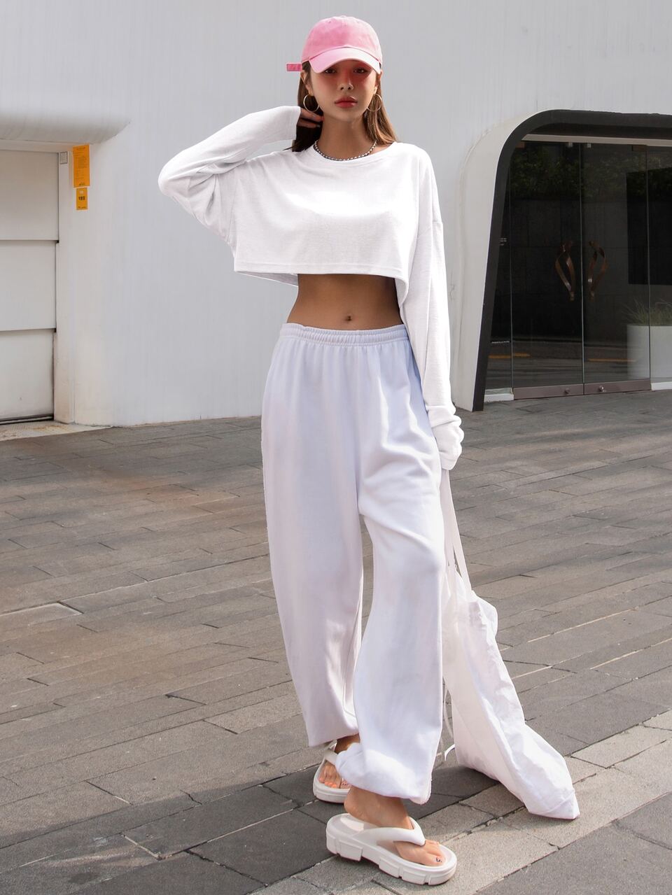 Solid Drop Shoulder Crop Tee Long Sleeve Women Tops,Fall Women Clothes