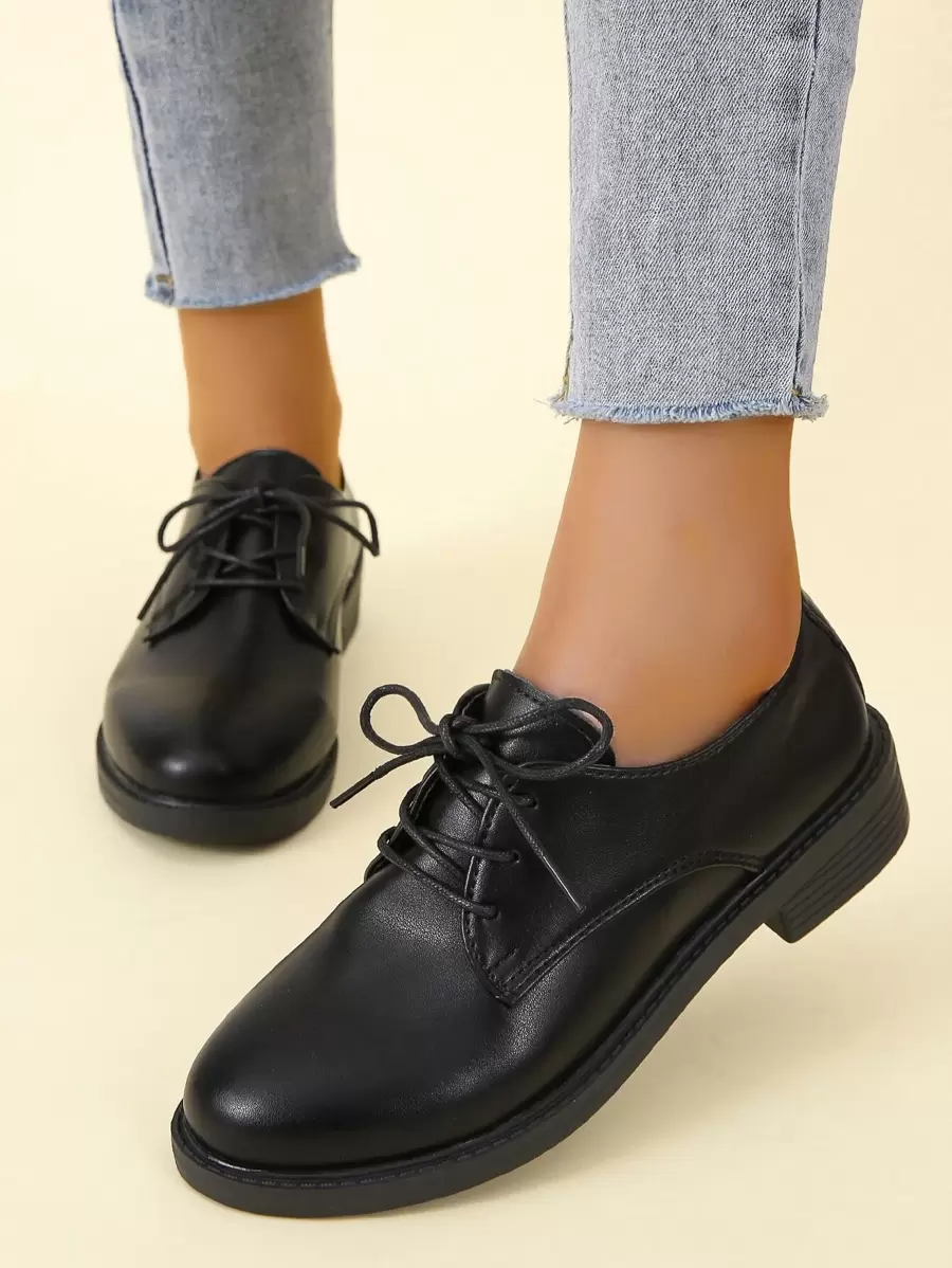 Lace-up Front Oxford Flats - Black - View 1