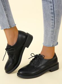 Lace-up Front Oxford Flats - Black - View 4