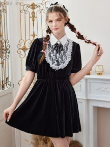 ROMWE Kawaii Contrast Lace Collar Velvet Dress - Black - View 1