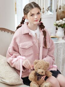 ROMWE Kawaii Cazadora teddy de puño con nudo con botón - Rosa vieja - Ver 2