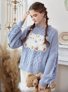 ROMWE Kawaii Jersey con bordado de oso tejido de cable - Azul - Ver 2