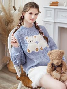 ROMWE Kawaii Jersey con bordado de oso tejido de cable - Azul - Ver 3