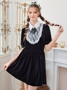 ROMWE Kawaii Contrast Lace Collar Velvet Dress - Black - View 3