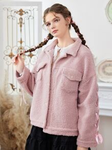 ROMWE Kawaii Cazadora teddy de puño con nudo con botón - Rosa vieja - Ver 4