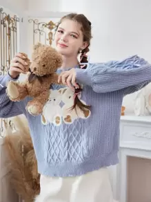 ROMWE Kawaii Jersey con bordado de oso tejido de cable - Azul - Ver 4