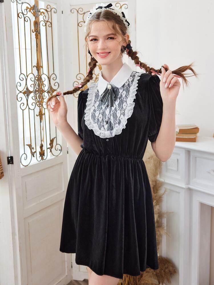 ROMWE Kawaii Contrast Lace Collar Velvet Dress - Black - View 5